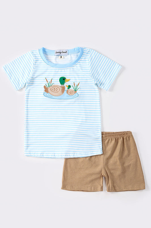 Blue stripe duck applique boy set