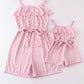 Pink dot print strap ruffle jumpsuit mommy & me