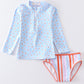 Blue floral print 2pc long sleeve rashguard swimsuit UPF50+