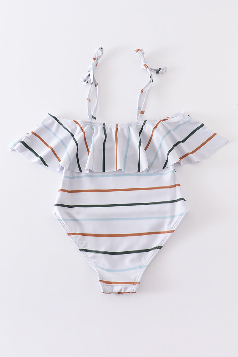 Organic rainbow stripe strap girl swimsuit one piece UPF50+