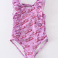 Pink barbie print ruffle girl swimsuit UPF50+