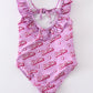 Pink barbie print ruffle girl swimsuit UPF50+