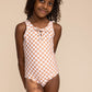 Tan plaid tie one piece girl swimsuit