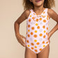 Orange floral print tie one piece girl swimsuit