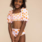 Orange floral print smocked 2pc girl swimsuit (size run small, go up 2-3 sizes)