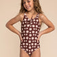 Warm brown floral print tie one piece girl swimsuit