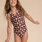 Warm brown floral print tie one piece girl swimsuit