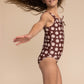 Warm brown floral print tie one piece girl swimsuit