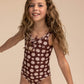 Warm brown floral print tie one piece girl swimsuit