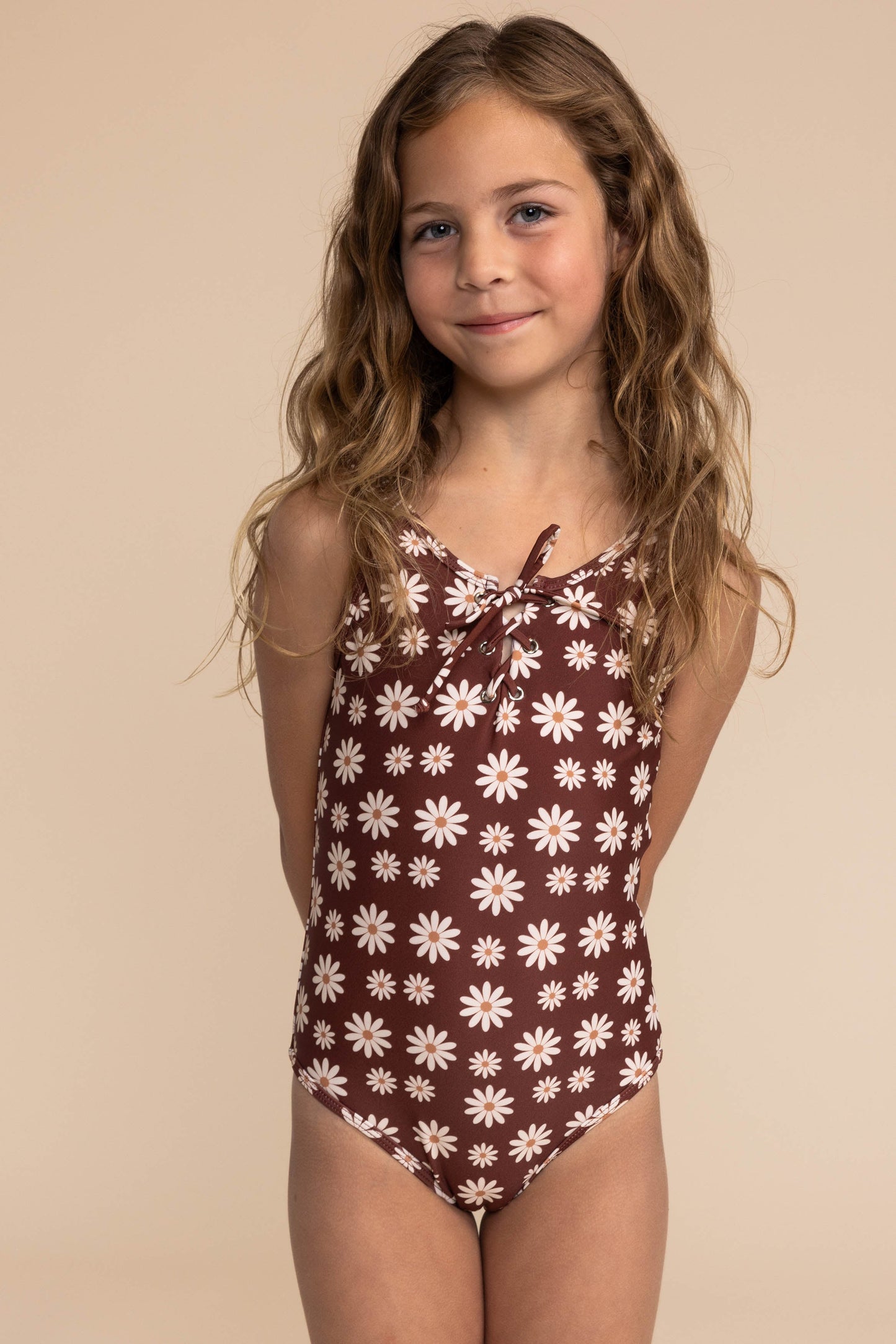 Warm brown floral print tie one piece girl swimsuit