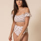 Brown floral print smocked bikini 2pc women swimsuit