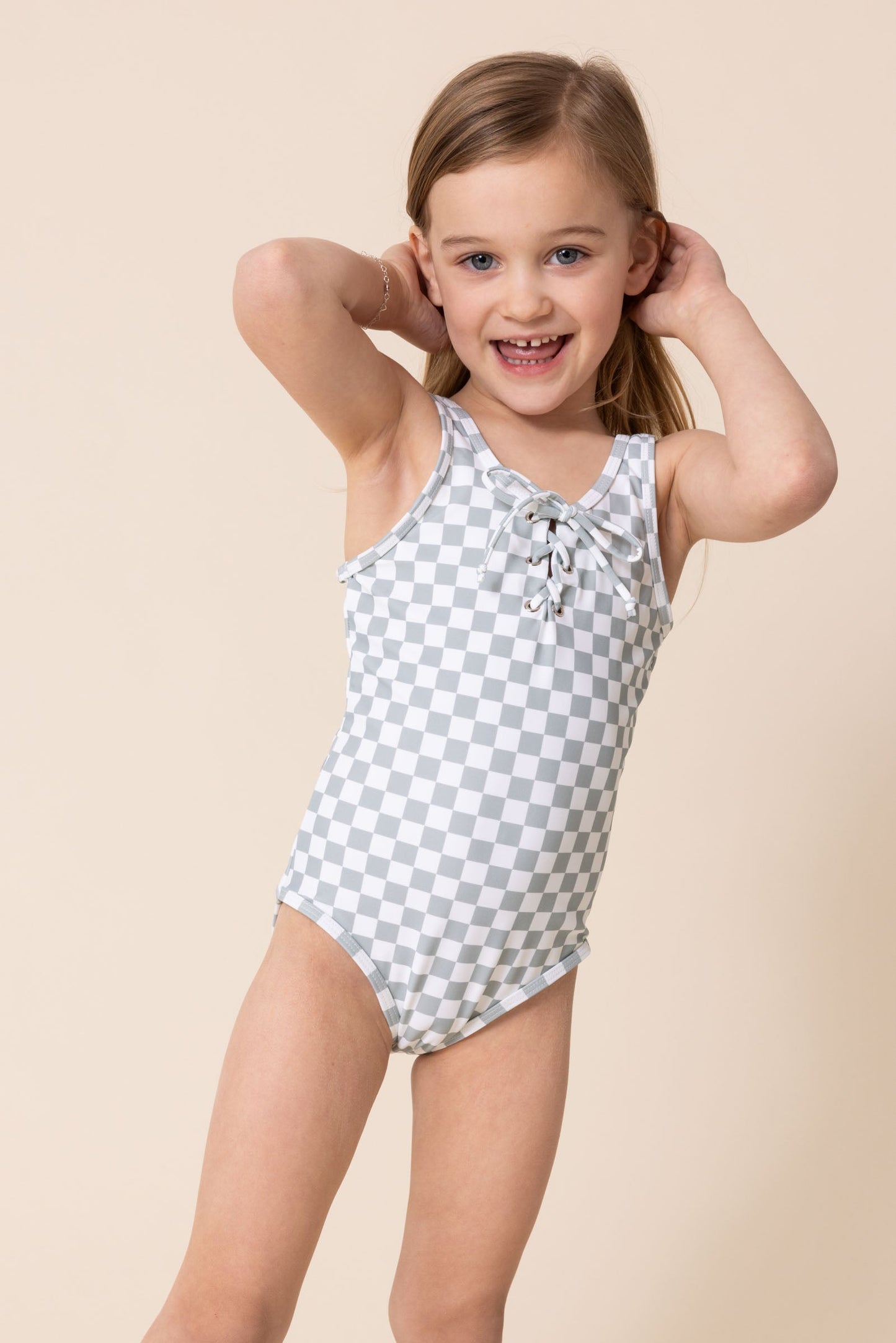 Gren plaid tie one piece girl swimsuit