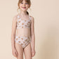 Brown & white floral print 2pc girl swimsuit (size run small, go up 2-3 sizes)