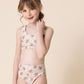 Brown & white floral print 2pc girl swimsuit (size run small, go up 2-3 sizes)