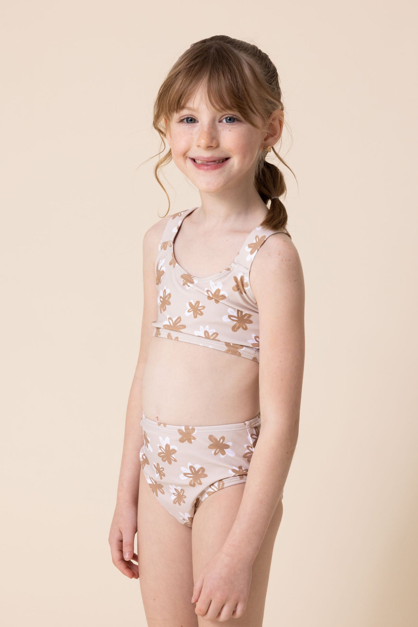 Brown & white floral print 2pc girl swimsuit (size run small, go up 2-3 sizes)