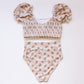 Brown floral print smocked bikini 2pc women swimsuit